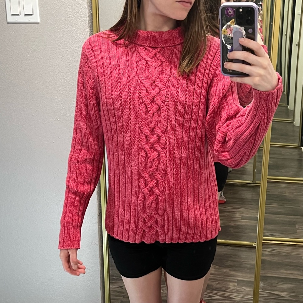 LL bean cable knit thick pink orange sweater medium turtle neck